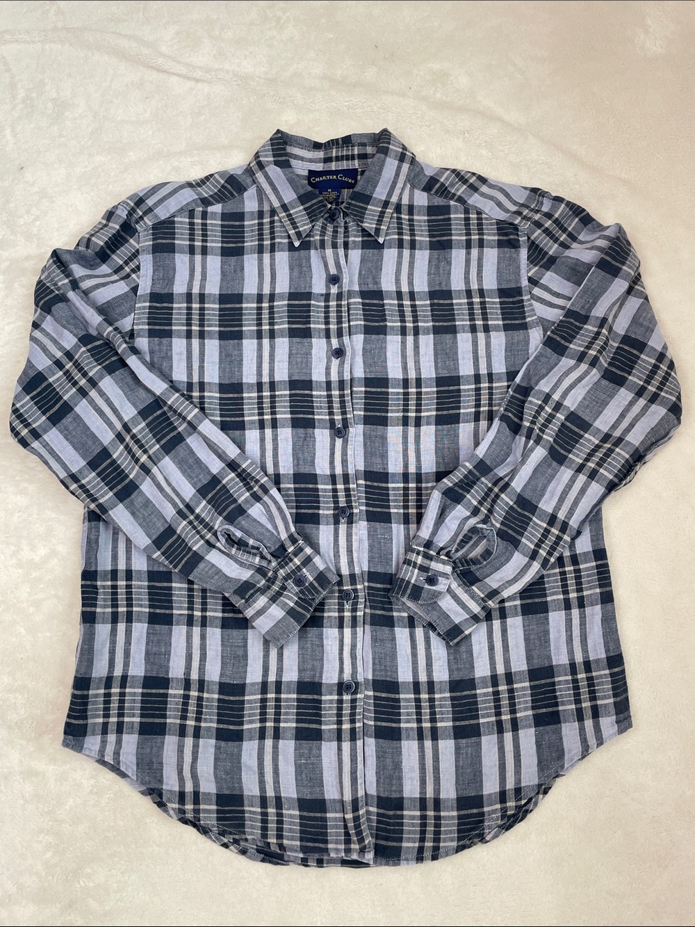 Charter Club Men's Blue & Gray Plaid Linen Button-Down Shirt